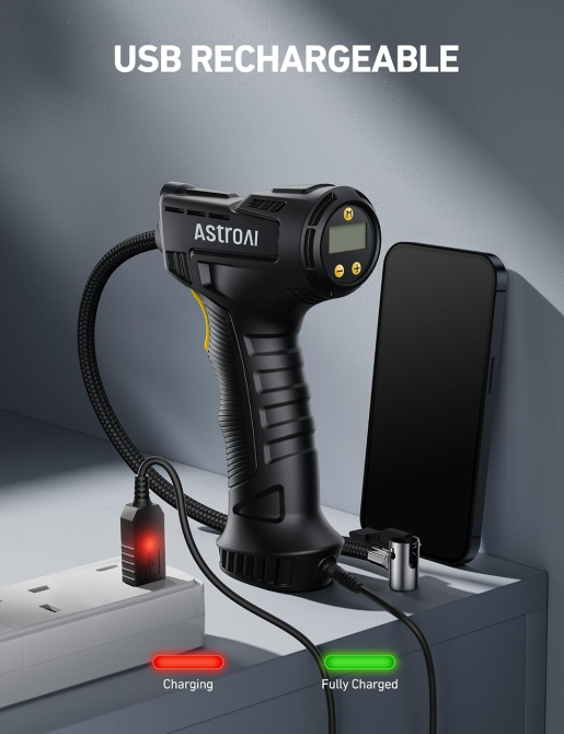 Беспроводной компрессор AstroAI C4 150 PSI, автостоп, цифровой манометр, LED, 4 адаптера, 450 г, для авто/мото/вело Киев - изображение 9