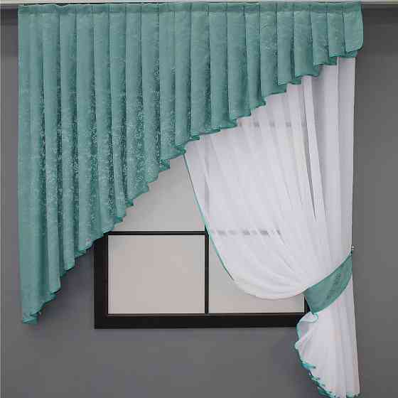 Кухонный комплект VR-Textil № 039к шторка с ламбрекеном белый с бирюзовым 150х170 см (52-0770) Киев