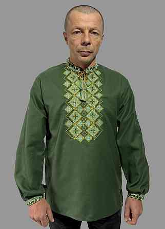 Чоловіча натуральна зелена вишиванка з ніжною вишивкою 48 Київ