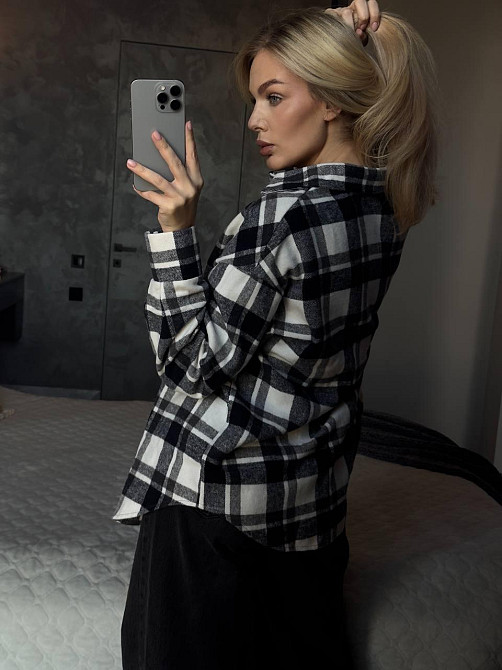 Женская базовая теплая клетчатая рубашка турецкий кашемир синий-белый Одесса - изображение 3