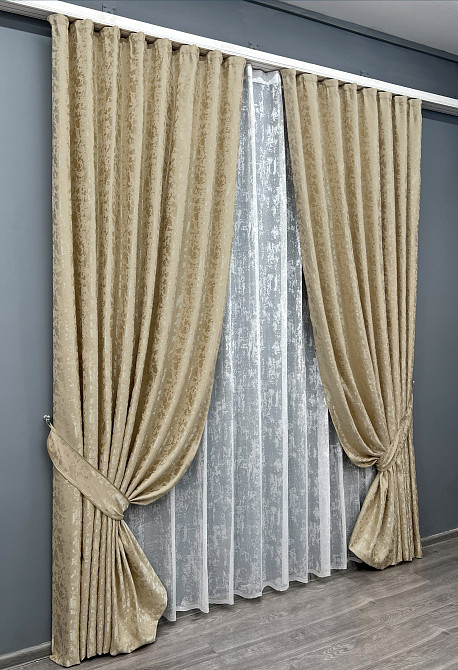 Комплект штор VR-Textil Льон Мармур 100х270 2шт і Тюль 300х270 1270ш-1400т Бежевий з білим 71-123/1 Київ - фото 2