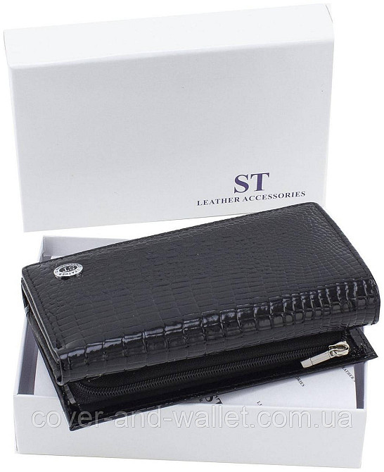 Бордовый лаковый женский кошелёк из натуральной кожи среднего размера ST AE 021 Черный Киев - изображение 6