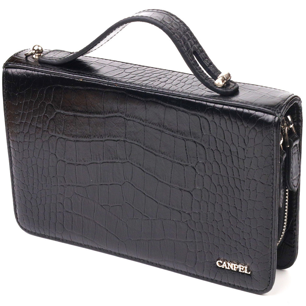 Стильна чоловіча барсетка на два відділення з натуральної фактурної шкіри з тисненням під крокодила Чорна (CANPELLINI) Київ - фото 5