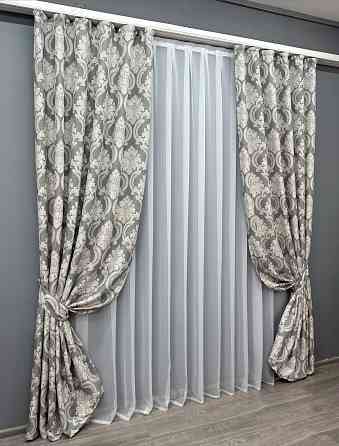 Комплект готовых штор VR-Textil Лен Корона Мария № 1266ш Графитовый со светло-бежевым 100х270 см 2 шт (31-581) Киев