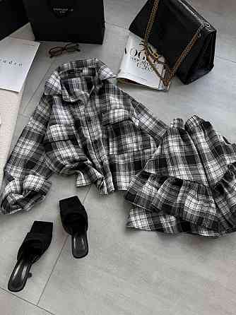 Женский костюм двойка: рубашка и юбка в клетку фланель Черный Одесса