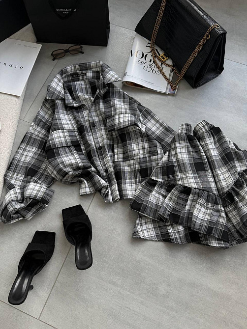 Женский костюм двойка: рубашка и юбка в клетку фланель Черный Одесса - изображение 4