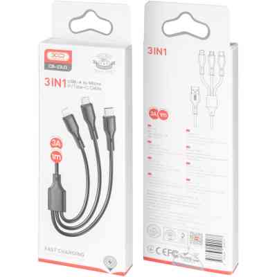 Дата кабель USB 2.0 AM to Lightning + Micro 5P + USB-C 3A black XO (CB-23U3-BK) Винница