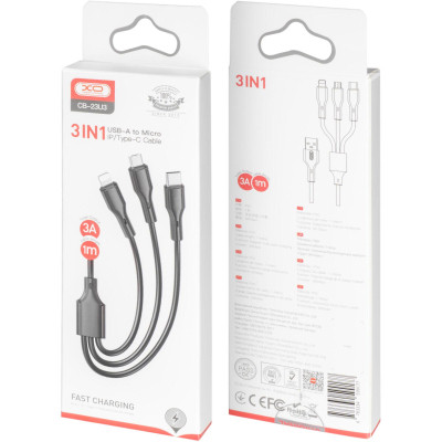 Дата кабель USB 2.0 AM to Lightning + Micro 5P + USB-C 3A black XO (CB-23U3-BK) Винница - изображение 3
