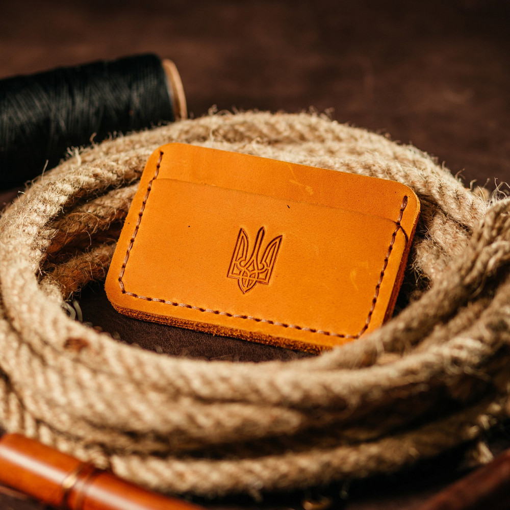 Картхолдер Рудий Герб із тисненням шкіряний, стильний органайзер чохол зі шкіри для 4 банківських картокMasterSem Київ - фото 1