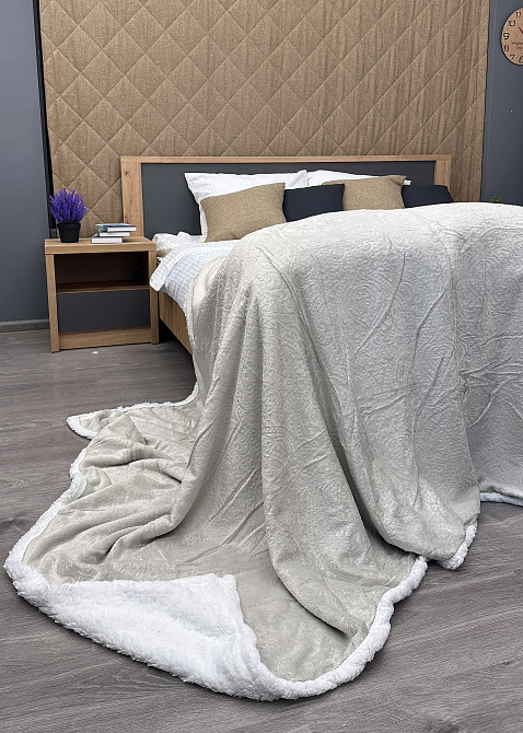 Плед двосторонній 155х200 см (+-5см) рельєфний із штучною овчиною Кремовий з білим (87-074) Київ - фото 7