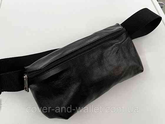 Недорогая сумка бананка из натуральной кожи в черном цвете PS Leather Киев