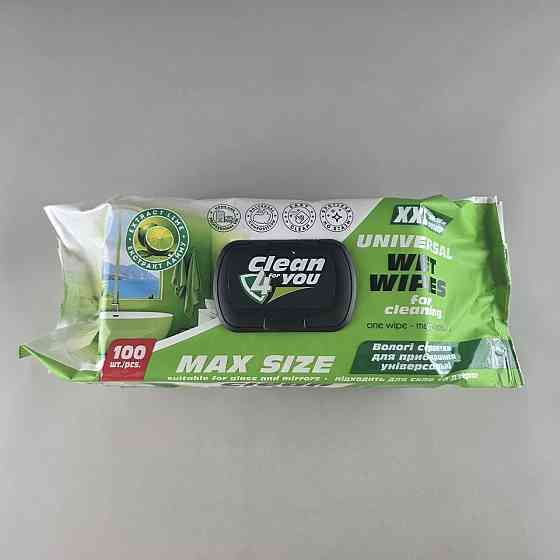 Серветки вологі 100 шт з клапаном для прибирання Clean4you універсальні (з екстр. Лайму, спиртовмісні) (1 пачка) Харків