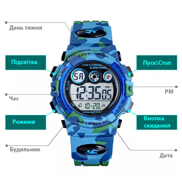 Детские спортивные часы Skmei 1547 Kids (секундомер, будильник) Светло-синий камуфляж Винница - изображение 5