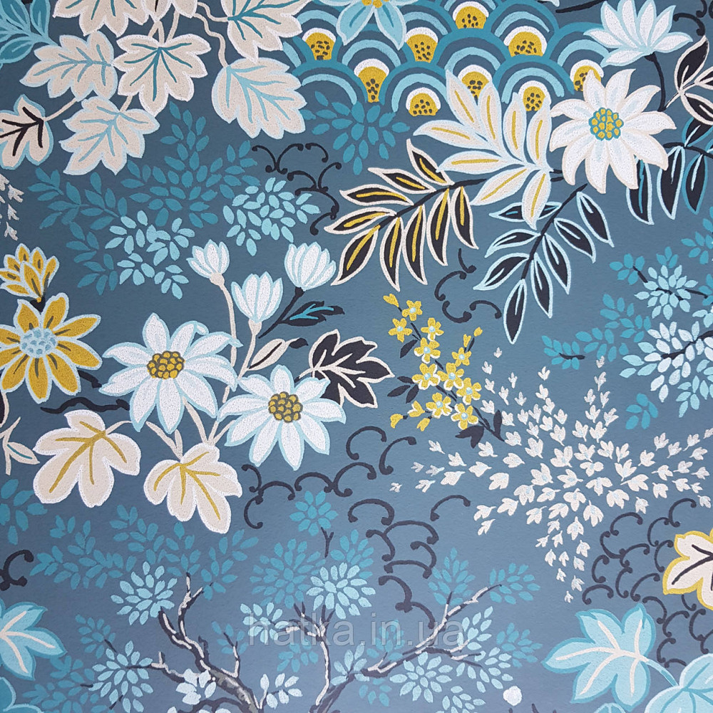 Шпалери флізелінові еко Rasch Salisbury 0.53х10 квіти польові листя блакитні, бірюзові жовті чорні на сірому Київ - фото 1