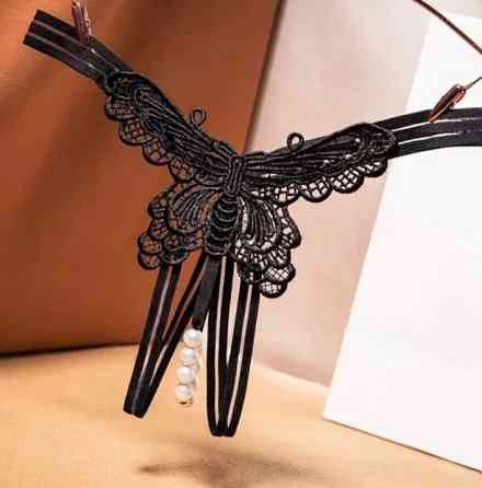 Сексуальні стрінги з метеликом та намистинками чорні - розмір універсальний, резинка до 100см Київ