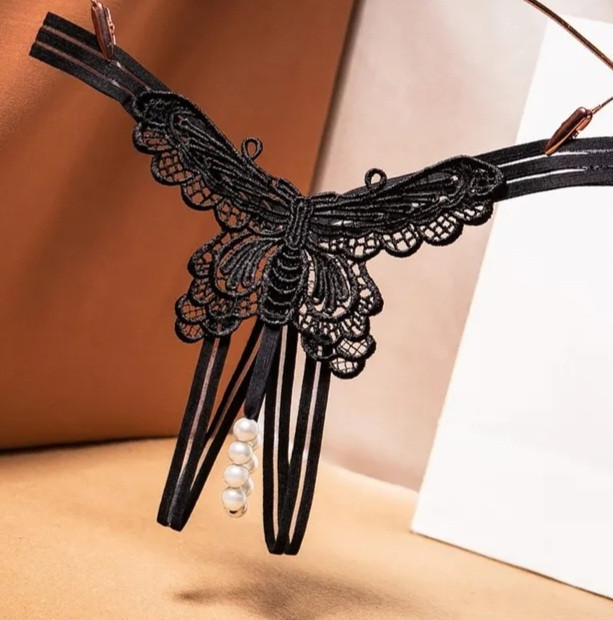 Сексуальні стрінги з метеликом та намистинками чорні - розмір універсальний, резинка до 100см Київ - фото 1