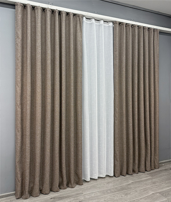 Комплект штор VR-Textil лен премиум ELEMENTA 150х270 2шт и Тюль 600х270 1864ш-115т серо-коричневый с белым 71-070/5 Киев - изображение 3
