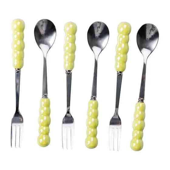 Набор десертных вилок и ложек на 3 персоны с подставкой из фарфора 7 предметов Зеленый HP-20-58 Киев