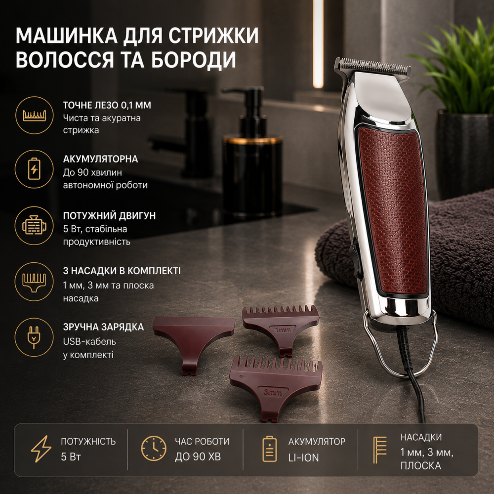 Машинка для стрижки волос 0,1 мм, аккумуляторная, профессиональный триммер 5 Вт, 90 мин работы, 3 насадки Киев - изображение 1