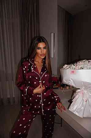 Женская пижама двойка с сердечками из шелка армани Бордовый, 44/46 Одесса
