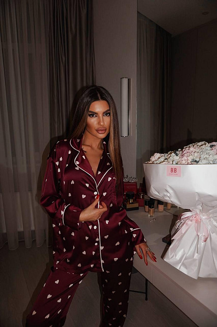 Женская пижама двойка с сердечками из шелка армани Бордовый, 44/46 Одесса - изображение 5