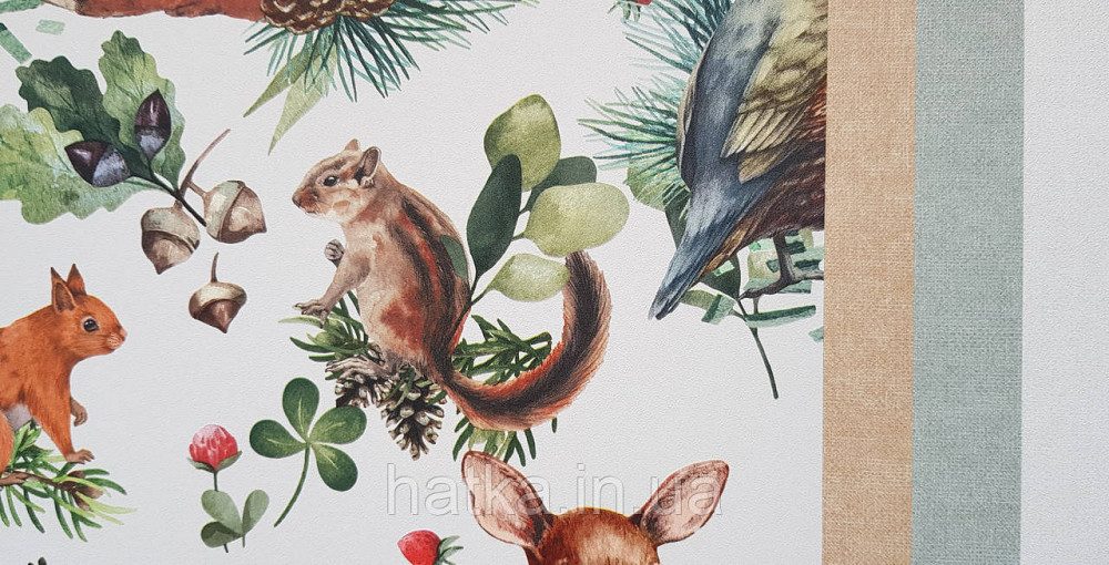 Шпалери флізелінові еко Rasch Kids World 0.53х10 дитячі косулі білки лисиці птиці шишки ягоди на білому Київ - фото 5