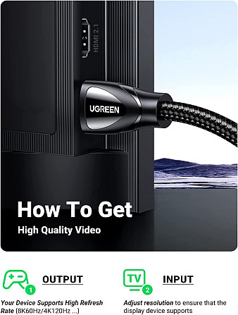 HDMI кабель V2.1 UGreen HD140 з підтримкою 8K@60Hz 4K@120Hz 80401 (Чорний, 1м) Николаев - изображение 8
