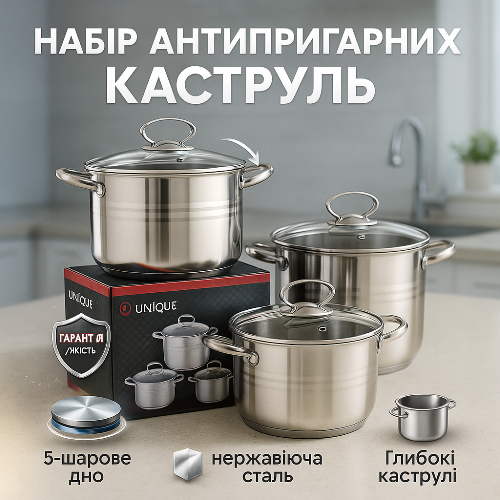 Набор кастрюль с антипригарным дном Unique UN-5041, Кастрюли с прозрачными крышками YO-48 Львов - изображение 13