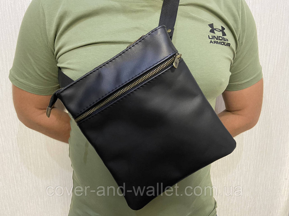 Стильная тонкая мужская сумка на плечо из итальянской кожи черного цвета PS Leather Киев - изображение 1