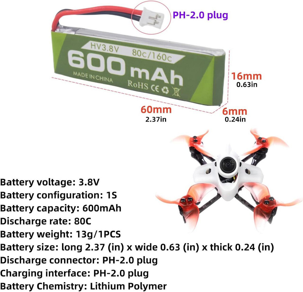 Литиевые батареи аккумуляторы ZIGI 3 шт. 1S 3.8V 80C 600mAh с JST-PH 2.0 штекером для Cineahoop Tinyhawk Mini FPV Racing Drone RC Днепр - изображение 2