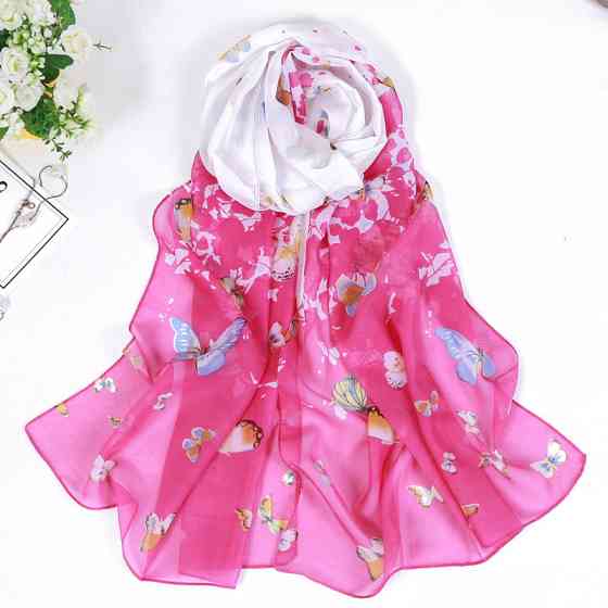 Шарф с бабочками женский шифоновый 145 на 48 см розово-белый Киев