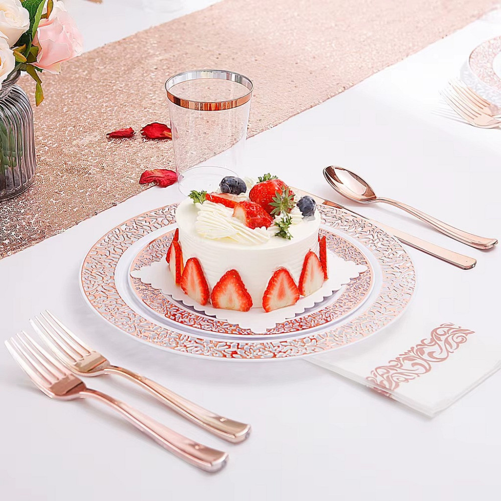 Набор тарелок пластиковых круглые 12 шт, десертные 19 см и обеденные 26 см,белые с розово-золотистым узором Каменец-Подольский - изображение 7