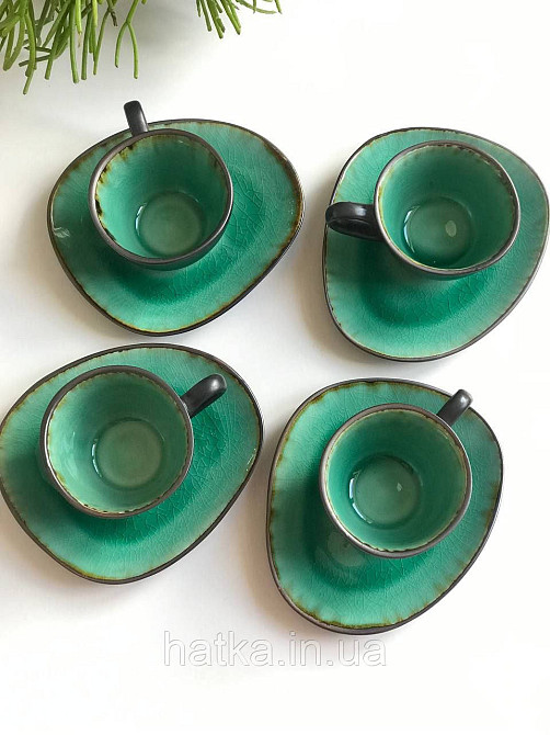 Набір чашок із блюдцем кавовий 4+4 шт Olens "GREEN LAGUNA" 100 мл кераміка зелений чорний для дому та ресторану Київ - фото 6