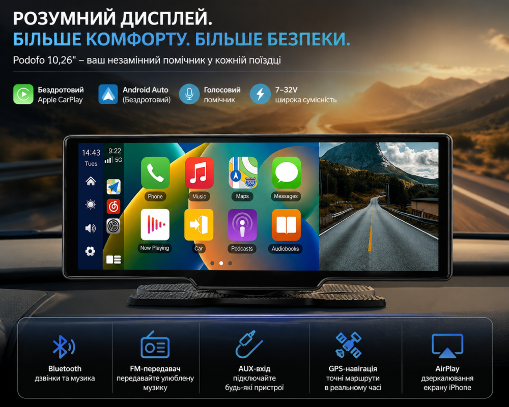 Уцінка Портативна мультимедійна система Podofo 10.26" IPS — Бездротовий Apple CarPlay та Android Auto, Bluetooth, FM, AUX, 7-32V Київ - фото 9
