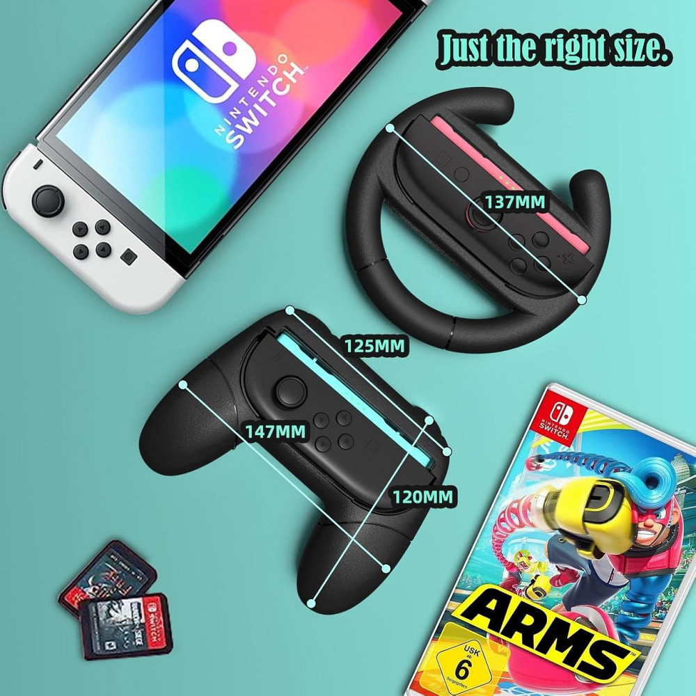 Кермо HEYSTOP 4-in-1 для Nintendo Switch 2 Joy-Con Grip чорний комплект 2 керма+2 ручки для Mario Kart 8 Deluxe Київ - фото 4