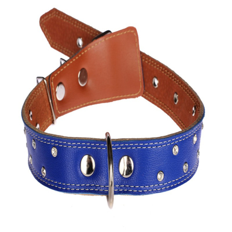 Нашийник 4245 30мм "Перламутр" шкіряний подвійний прикрашений стразами Синій Вінниця - фото 1