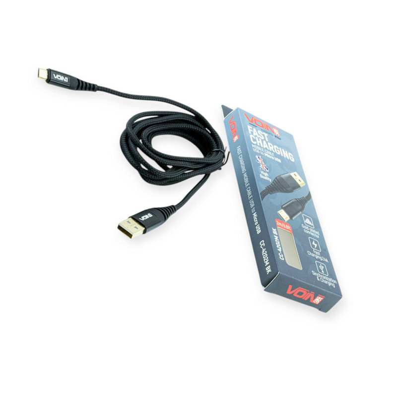 Кабель для заряджання USB - Micro USB, 2м, 3.0А чорний, круглий кауч. обплетення, позолоч. роз'єми Мукачево - фото 1