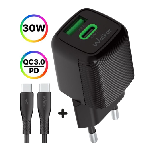Зарядний пристрій мережевий USB/Type-C + кабель Type-C 30W чорний GaN WALKER WH-71 black Житомир