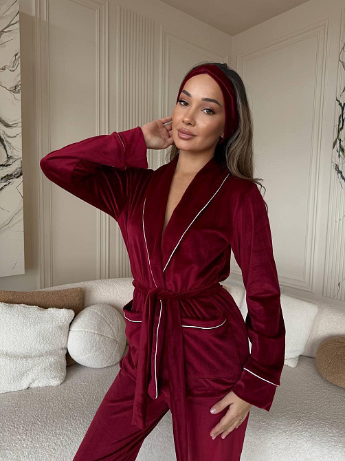 Жіноча затишна піжама: халат-кімоно, штани + пов'язка на голову велюр Бургунді, 42/44 Одеса - фото 1