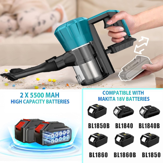 Аккумуляторный пылесос Psogpone 550W 45000Па для Makita 18V: 6-в-1, HEPA, 2 АКБ 5.5Ач, LED-щетка, Velvet Black Киев