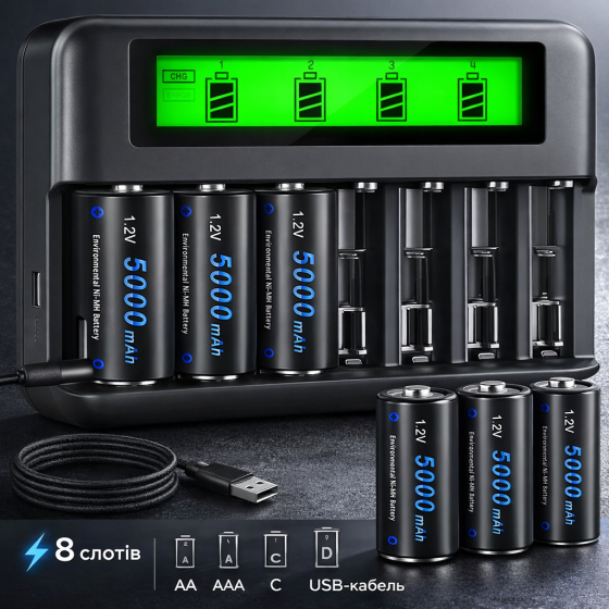 Зарядное устройство CITYORK + 4 аккумулятора C 5000 mAh | 8 слотов AA/AAA/C/D | LCD дисплей | USB Type-C Киев