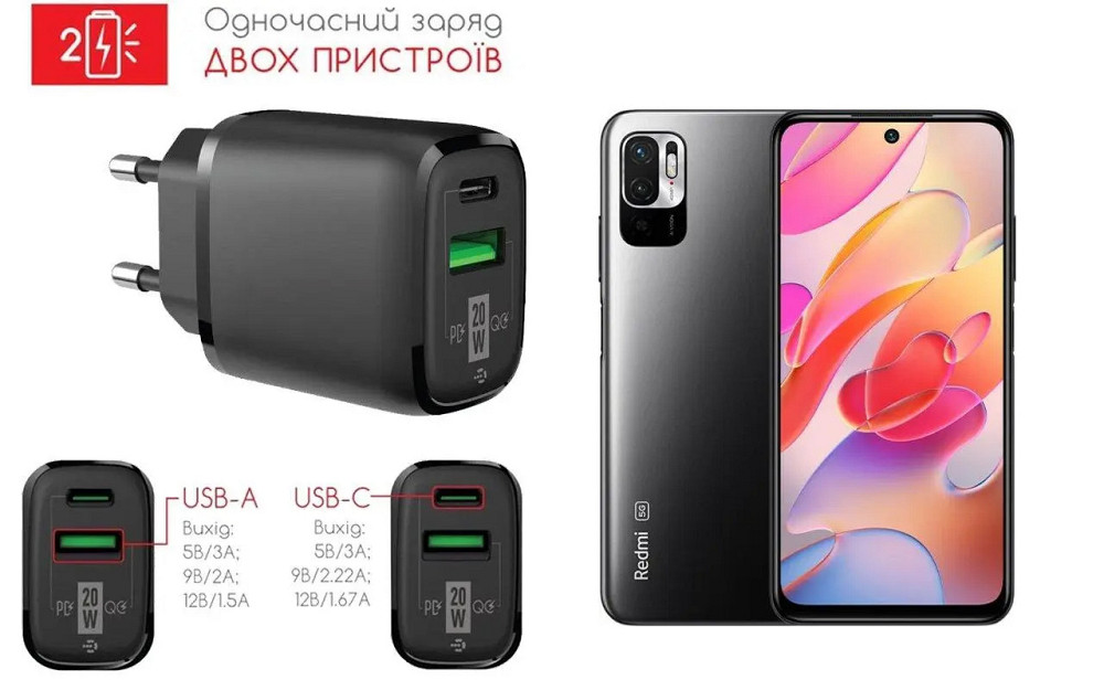 Сетевое зарядное устройство для Xiaomi Redmi Note 10 5G, 20W 3A, Quick Charge 3.0 Киев - изображение 1