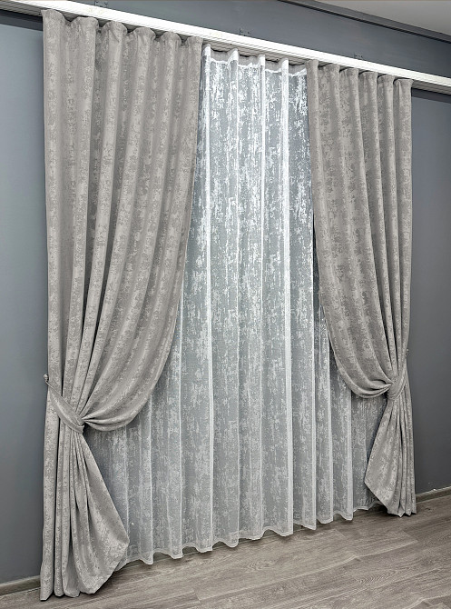 Комплект штор VR-Textil Жакард Мармур 100х270 2шт і Тюль 400х270 1124ш-1400т Світло-сірий з білим 71-058/2 Київ - фото 2