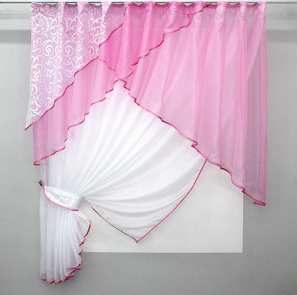 Кухонный комплект (280х170см) шторка с ламбрекеном цвет розовый с белым 00к 59-398 Киев - изображение 1