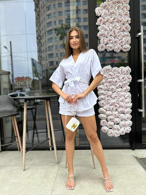 Жіночий лляний костюм Lotos (кімоно та шорти), білий Київ - фото 1