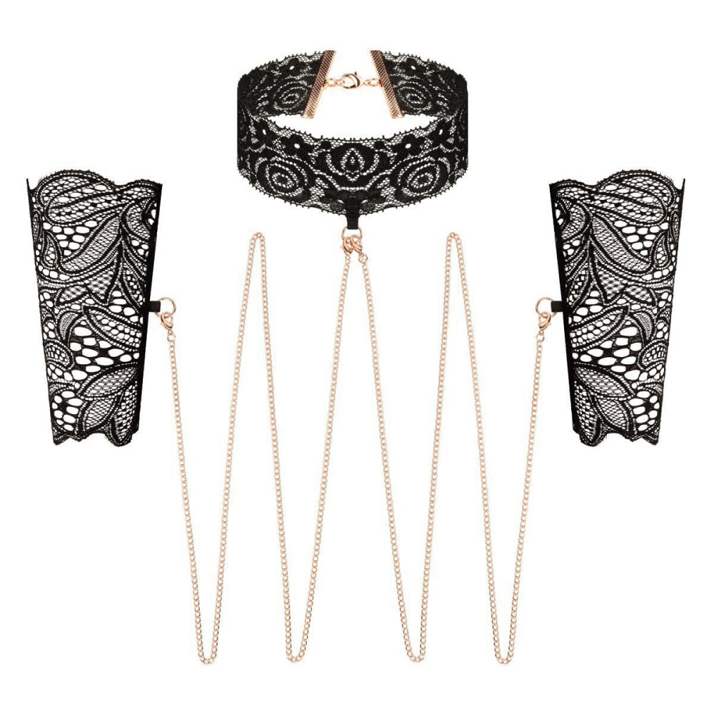 Кружевные наручники и воротник Rosy Gold - Lace Cuffs and Collar - Black Sex Aura Киев - изображение 1