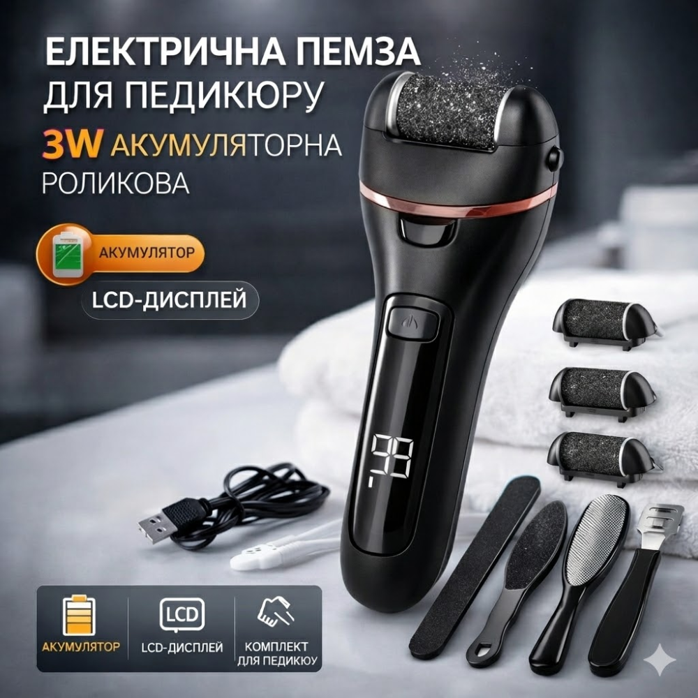 Електрична пемза для ніг OEM T001 3 Вт акумуляторна роликова пилка з LED, 2 швидкості, водонепроникна, набір для педикюру Київ - фото 1