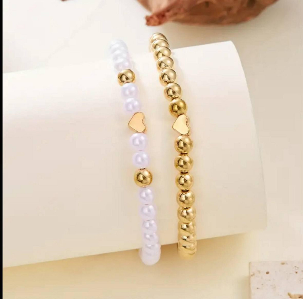 Набор женских браслетов с имитацией жемчуга и сердечками, золотистый Киев - изображение 3