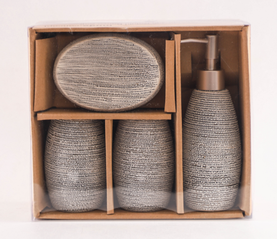 Дозатор, мильниця та стакани, Набір кераміних аксесуарів для ванної кімнати, Бежевий (текстура) Кам'янець-Подільський