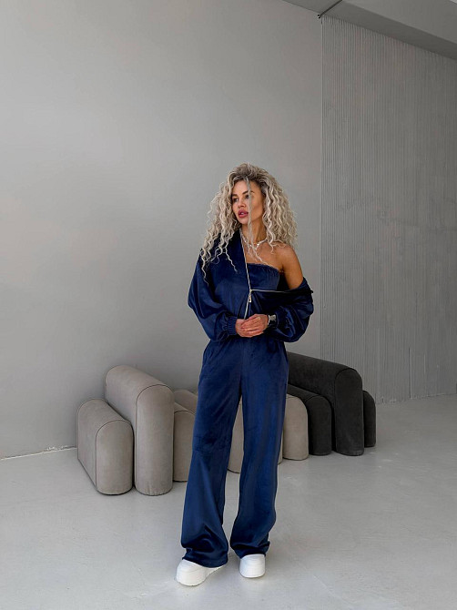 Жіночий велюровий костюм-трійка: кофта корсет і штани Синій, 48/52 Одеса - фото 6